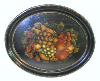 Antique Tole Painted Oval Tray Colorful Fruit On Black Signed Conner 16 " L 13 " W