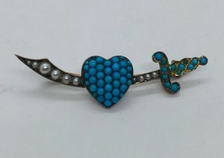 Antique Victorian 14k Yellow Gold Pave Turquoise & Seed Pearl Sword Heart Pin