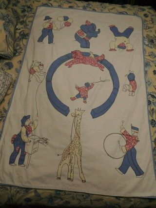 Clown And Elephant Applique Baby Quilt Crib Cover Vintage Handmade Circus 34x50