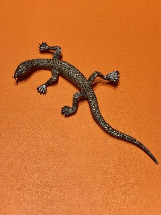 Vintage Large Sterling Silver Marcasite Lizard Brooch