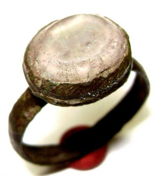 Ancient Medieval Bronze Finger Ring With White Stone.