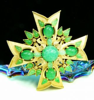 Vintage Trifari Maltese Cross Pin Brooch Jewels Of India Faux Jade Cabochons
