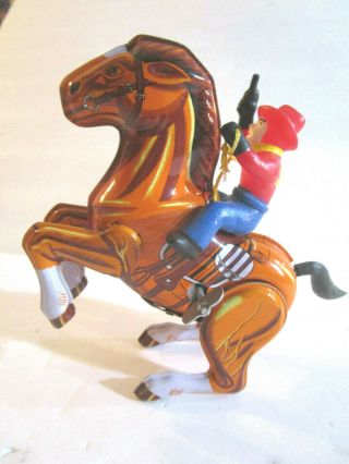 Vintage Wind Up Tin Litho Mechanical Toy Horse W/cowboy Mtu Made In Korea