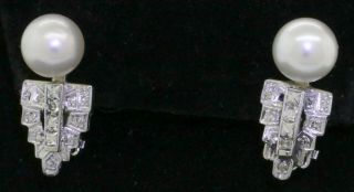 Antique Platinum/14k Wg.  50ct Square Cut Vs1 - 2/g Diamond & Pearl Earrings