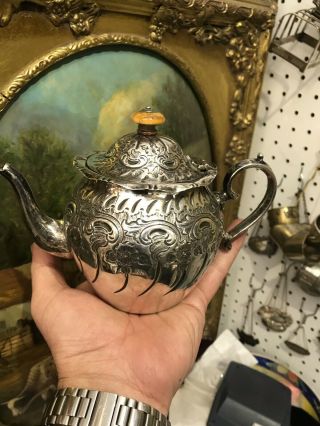 Antique Victorian Solid Silver Carved Teapot Sheffield 1893 By Jenkins & Timm
