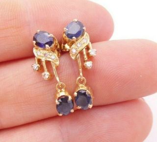 Fine 14ct/14k Gold Diamond & Sapphire Art Deco Design Drop Earrings,  585