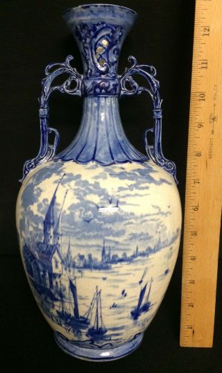 Antique Stoke On Trent Empire 12 " Articulated Vase Blue White Transfer Sailboats