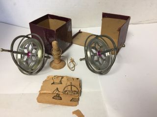 2 Antique Vintage Metal Gyroscope Toy Spinning Tops,  1w/original Box And String
