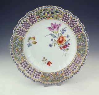 Antique Meissen Dresden Porcelain Hand Painted Flowers Pierced Plate - Lovely