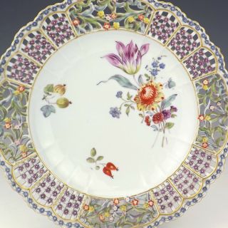 Antique Meissen Dresden Porcelain Hand Painted Flowers Pierced Plate - Lovely 2