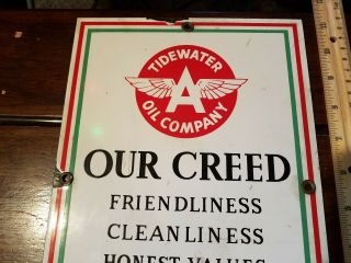 Porcelain Tidewater Oil Company Antique Flying A Our Creed Sign Service Station 5