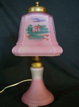Antique Vintg Pink Satin Glass Reverse Painted Boudoir Table Lamp Electric 1920s