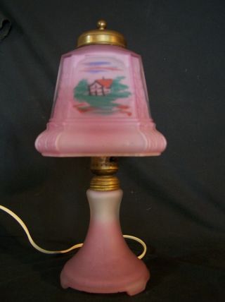 Antique Vintg Pink Satin Glass Reverse Painted Boudoir Table Lamp Electric 1920s 2