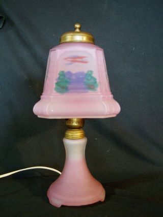 Antique Vintg Pink Satin Glass Reverse Painted Boudoir Table Lamp Electric 1920s 3