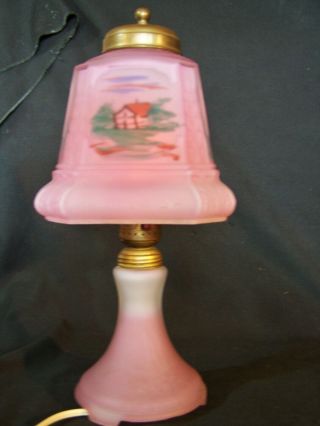 Antique Vintg Pink Satin Glass Reverse Painted Boudoir Table Lamp Electric 1920s 5