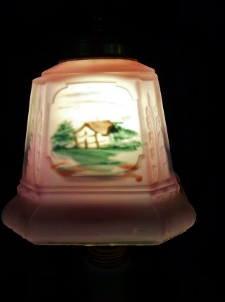 Antique Vintg Pink Satin Glass Reverse Painted Boudoir Table Lamp Electric 1920s 6