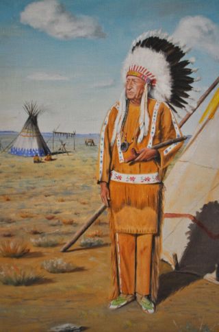 Vintage Painting Native American Plains Indian Chief Pipe Teepee - S.  P.  Nava - Ha 2