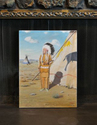 Vintage Painting Native American Plains Indian Chief Pipe Teepee - S.  P.  Nava - Ha 5