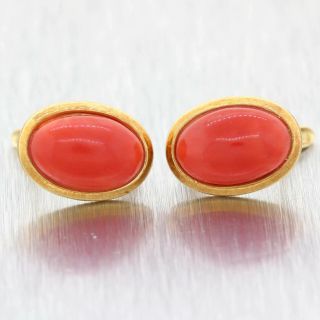 Vintage Estate Solid 18k Yellow Gold 15mm Cabochon Red Coral Clip Earrings D8