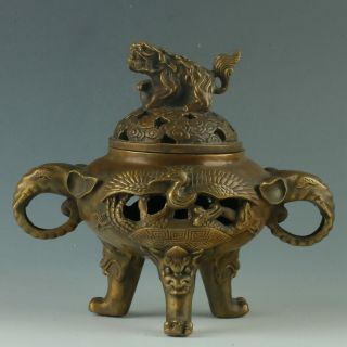Antique Brass Hand Carved Elephant Incense Burner & Unicorn Lid W Kangxi Mark