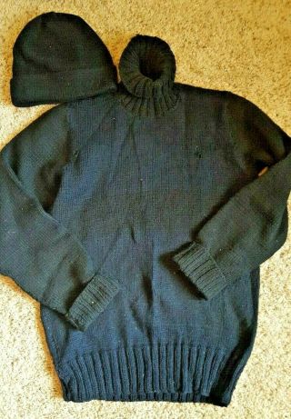 Vintage Authentic Ww2 American Red Cross 1 Navy Blue Wool Sweater,  1 Wool Hatcap