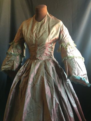 Changeable 1850s Pink Silk Antique Pagoda Sleeves Dress