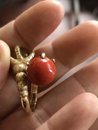 Vintage 1960 ' s MCM 14k Gold Claw Talon Bypass Coral & Amber Cocktail Ring 11