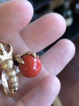 Vintage 1960 ' s MCM 14k Gold Claw Talon Bypass Coral & Amber Cocktail Ring 12