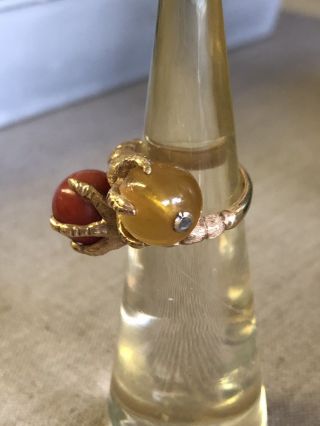 Vintage 1960 ' s MCM 14k Gold Claw Talon Bypass Coral & Amber Cocktail Ring 2