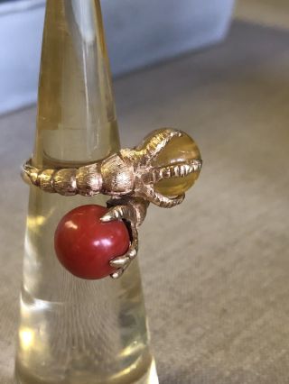 Vintage 1960 ' s MCM 14k Gold Claw Talon Bypass Coral & Amber Cocktail Ring 4