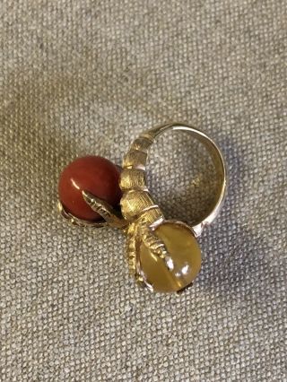 Vintage 1960 ' s MCM 14k Gold Claw Talon Bypass Coral & Amber Cocktail Ring 5