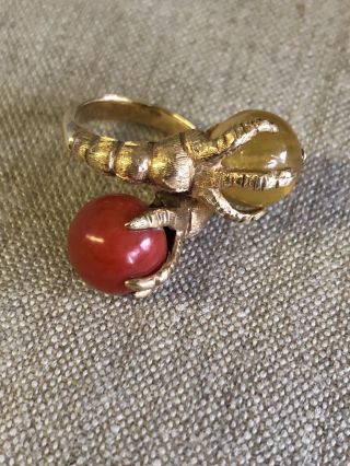 Vintage 1960 ' s MCM 14k Gold Claw Talon Bypass Coral & Amber Cocktail Ring 6