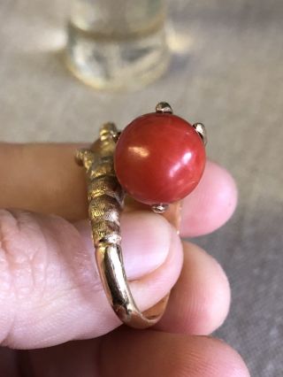 Vintage 1960 ' s MCM 14k Gold Claw Talon Bypass Coral & Amber Cocktail Ring 7
