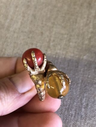 Vintage 1960 ' s MCM 14k Gold Claw Talon Bypass Coral & Amber Cocktail Ring 8