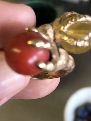 Vintage 1960 ' s MCM 14k Gold Claw Talon Bypass Coral & Amber Cocktail Ring 9