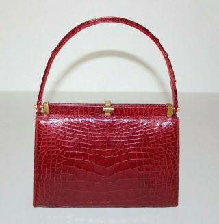 Vintage Lucille De Paris Burgundy Red Alligator Leather Handbag Kelly Purse Usa
