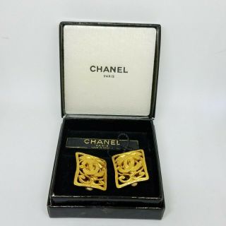 Authentic Rare Vintage Chanel Cc Logo Gold Square Hoop Clip Earrings