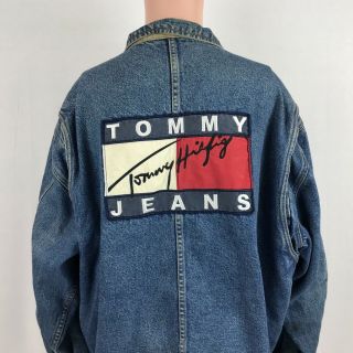 Tommy Hilfiger Jeans Big Spell Out Logo Denim Jacket Xl Vtg 90s Usa Flag Lined