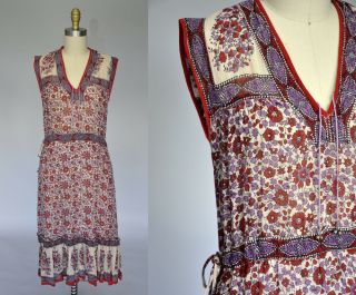 Vtg 70s 1970s Red Floral Block Print Indian Cotton Gauze Festival Boho Dress