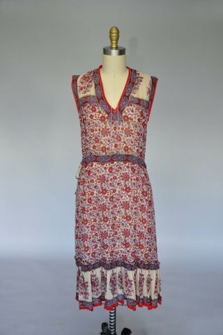 VTG 70s 1970s Red Floral Block Print Indian Cotton Gauze Festival Boho Dress 2