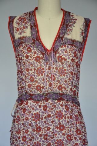 VTG 70s 1970s Red Floral Block Print Indian Cotton Gauze Festival Boho Dress 3