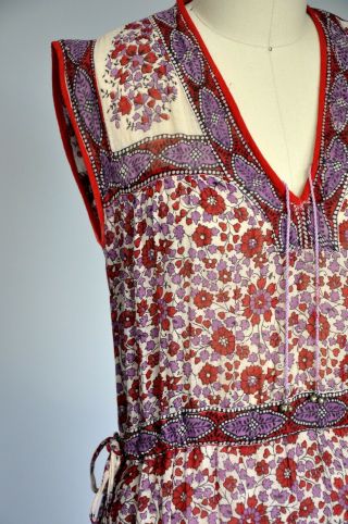 VTG 70s 1970s Red Floral Block Print Indian Cotton Gauze Festival Boho Dress 4