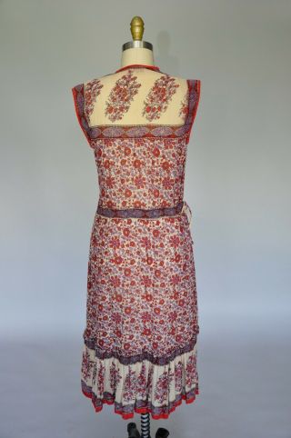 VTG 70s 1970s Red Floral Block Print Indian Cotton Gauze Festival Boho Dress 6