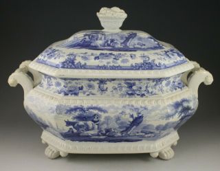 Antique Pottery Pearlware Blue Transfer British Cattle Soup Tureen 1830