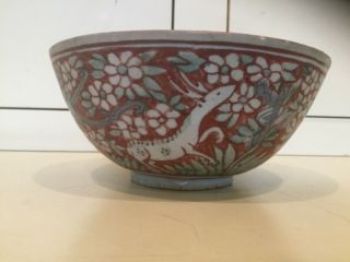 Red Ming Swatow Bowl 17th Century Underglaze Cobalt Decoration Dragons Deer 5