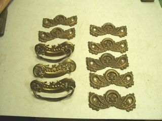Ten Vintage Pressed Brass Drawer Handles Pulls