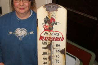 Vintage C.  1920 Peters Weatherbird Shoes Gas Oil 27 " Porcelain Thermometer Sign