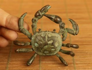 Chinese Old Bronze Hand Casting Crab Statue Figure Collect Table Ornament Gift