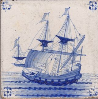 Delft Tile 18th - 19th Century (d 84) Galleon On The Sea