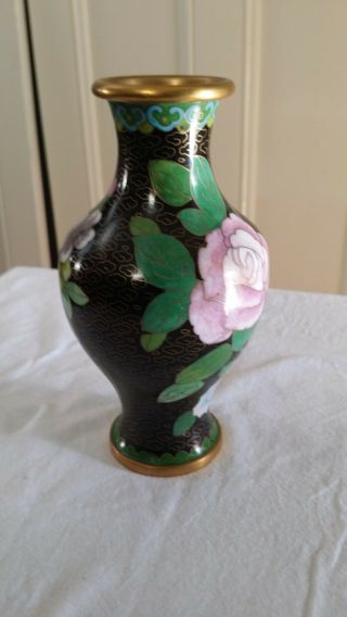 Vintage Chinese Cloisonne Vase,  Black With Roses And Blossom